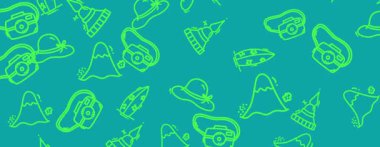 Şirin çizgi film balıkları, köpek, kuş ve panda içeren kusursuz karalama hayvan desenli animasyonlar. Çocuklar için koyu mavi arka planda en az yeşil çizgi sanatı, hareket tasarım projeleri.