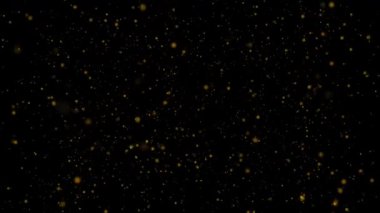 Koyu arkaplanda yüzen altın toz parçacığı içeren soyut animasyon tasarımı. Görüntü bileşimi ve sanat dokusu için parlayan görsel efekt ekleyerek kusursuz döngü hareketli grafik örtüsü.