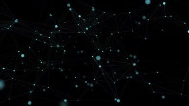 Soyut plexus ağ döngüsü koyu arkaplan üzerinde bağlı yapı oluşturur. Akan nokta ve çizgi grafikleri içeren dijital hareket örtüsü. Gelecekçi siber teknoloji bağlantısı animasyonu.