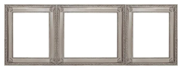 Drievoudig Zilveren Lijst Triptiek Voor Schilderijen Spiegels Foto Geïsoleerd Witte — Stockfoto