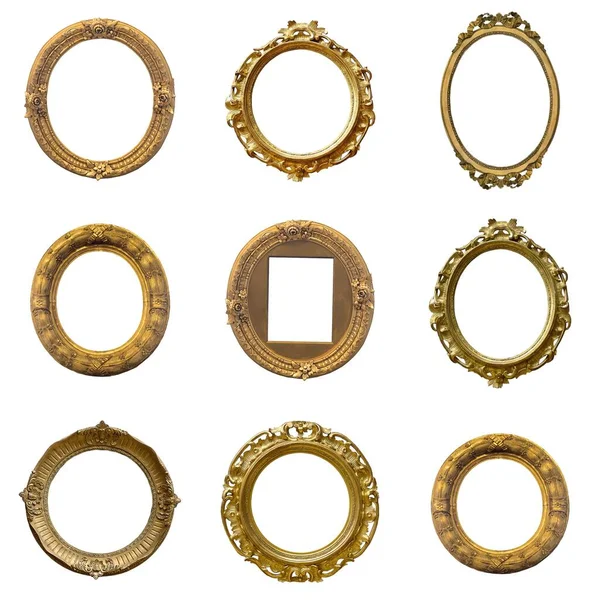 Set Golden Frames Paintings Mirrors Photo Isolated White Background — Stock Photo, Image