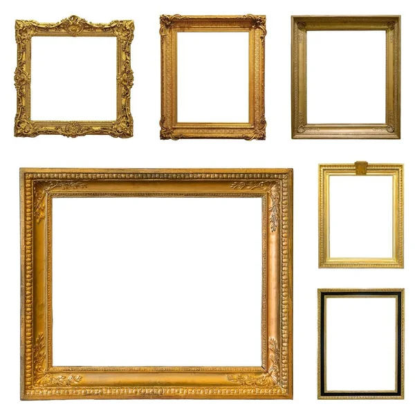 Set Golden Frames Paintings Mirrors Photo Isolated White Background — Stock Photo, Image