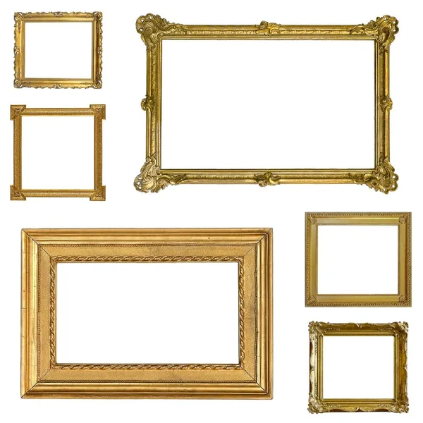 Set Golden Frames Paintings Mirrors Photo Isolated White Background — Stock Photo, Image