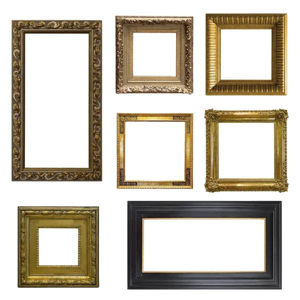 Set Golden Frames Paintings Mirrors Photo Isolated White Background — Stock Photo, Image