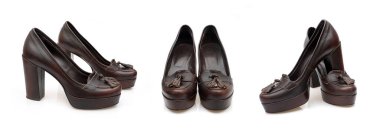 Beyaz arka planda izole edilmiş yüksek topuklu kadın deri ayakkabıları.