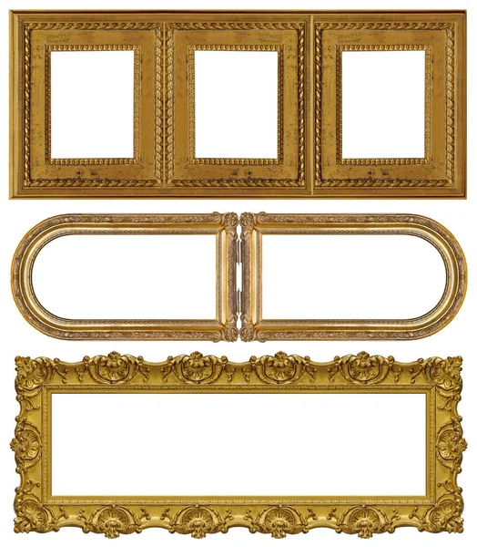 Set Golden Frames Paintings Mirrors Photo Isolated White Background — Stock Photo, Image