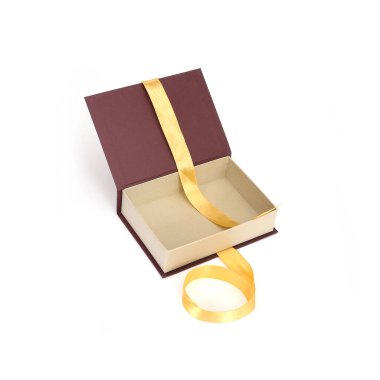 Red gift box with silk ribbon isolated on white background