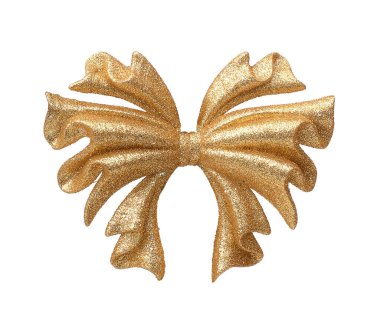 Beyaz bir arka planda izole edilmiş altın bir fiyonk şeklinde parlak bir Noel oyuncağı.