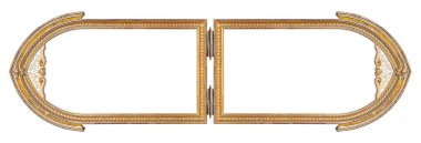 Beyaz arkaplanda izole edilmiş resimler, aynalar veya fotoğraflar için çift altın çerçeve (diptych)