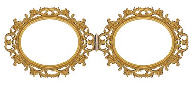 Beyaz arkaplanda izole edilmiş resimler, aynalar veya fotoğraflar için çift altın çerçeve (diptych)