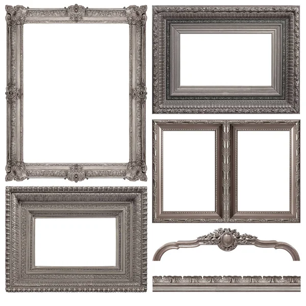 Set Cornici Argento Quadri Specchi Foto Isolate Sfondo Bianco — Foto Stock