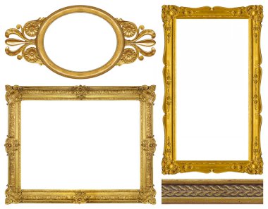 Beyaz arkaplanda izole edilmiş resimler, aynalar veya fotoğraf için altın çerçeveler