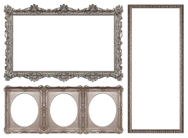 Set Silver Frames Paintings Mirrors Photo Isolated White Background — Stock Photo, Image