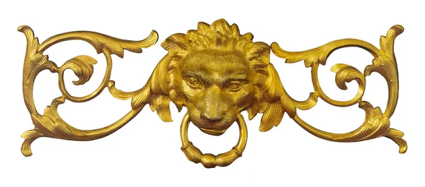 Διακοσμητικό Στοιχείο Μορφή Χρυσής Κεφαλής Λιονταριού Που Απομονώνεται Λευκό Φόντο — Φωτογραφία Αρχείου