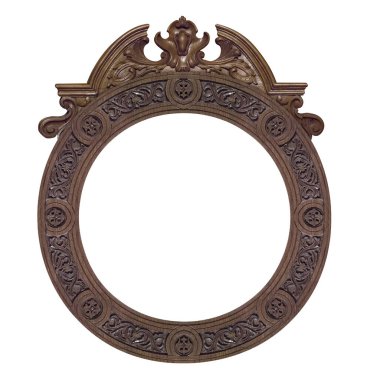 Tablolar, aynalar veya beyaz arkaplanda izole edilmiş fotoğraf için ahşap yuvarlak çerçeve