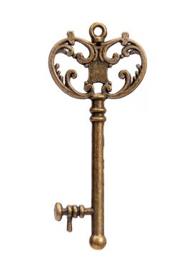 Beyaz arkaplanda izole edilmiş eski altın anahtar