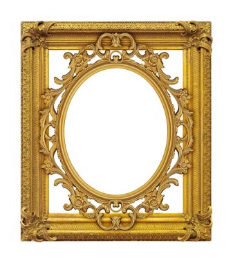 Tablolar, aynalar veya beyaz arka planda izole edilmiş fotoğraf için altın çerçeve. Kırpma yolu ile tasarım ögesi