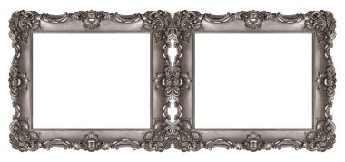Beyaz arkaplanda izole edilmiş resimler, aynalar veya fotoğraflar için çift gümüş çerçeve (diptych). Kırpma yolu ile tasarım ögesi