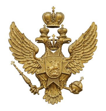 Beyaz arka planda izole edilmiş çift başlı altın kartal. Kırpma yolu ile tasarım ögesi