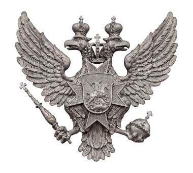 Gümüş renkli, çift başlı, beyaz arka planda izole edilmiş kartal. Kırpma yolu ile tasarım ögesi