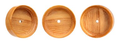 Beyaz arkaplanda izole edilmiş ön ve perspektif görünümlü resimler, aynalar veya fotoğraf için ahşap yuvarlak çerçeve