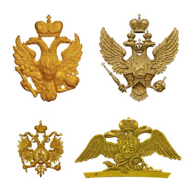 Beyaz arka planda izole edilmiş çift başlı altın kartallar.