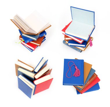 Beyaz arka planda izole edilmiş beyaz çarşaflı renkli kapaklı kitap yığını