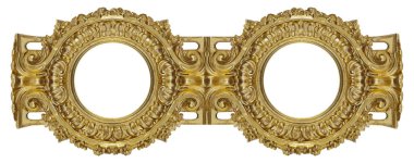 Double golden round frame (diptych) for paintings, mirrors or photos isolated on white background. Design element with clipping path