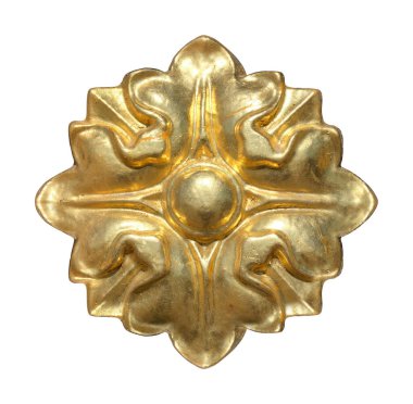 Beyaz arka planda izole edilmiş çiçek desenli yuvarlak altın dekoratif element. Kırpma yolu ile tasarım ögesi