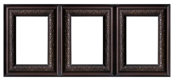 Triple Black Wooden Frame Triptych Paintings Mirrors Photos Isolated White — Stock Photo, Image