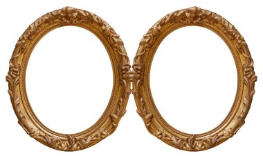 Beyaz arkaplanda izole edilmiş resimler, aynalar veya fotoğraflar için çift altın çerçeve (diptych). Kırpma yolu ile tasarım ögesi