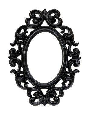 Tablolar, aynalar veya beyaz arka planda izole edilmiş fotoğraf için ahşap siyah oval çerçeve. Kırpma yolu ile tasarım ögesi