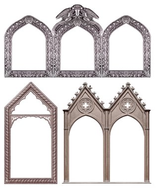 Beyaz arka planda izole edilmiş resimler, aynalar veya fotoğraf için gotik gümüş çerçeveler.