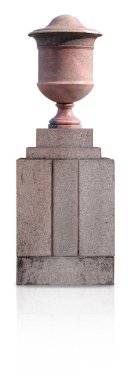 Beyaz arka planda izole edilmiş bahçe taşı porfiri (pembe granit) vazosu. Kırpma yolu ile tasarım ögesi