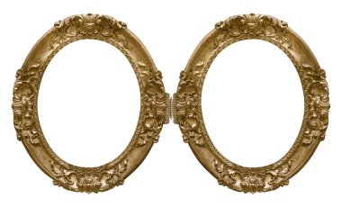 Beyaz arka planda izole edilmiş resimler, aynalar veya fotoğraflar için çift altın oval çerçeve (diptych). Kırpma yolu ile tasarım ögesi