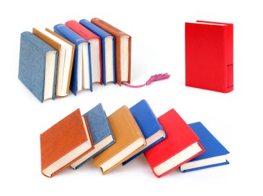 Beyaz arka planda izole edilmiş beyaz çarşaflı renkli kapaklı kitap yığını