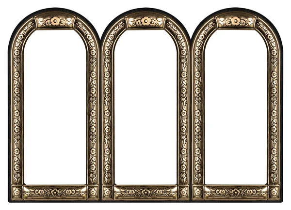 Drievoudig Gouden Frame Drieluik Voor Schilderijen Spiegels Foto Geïsoleerd Witte — Stockfoto