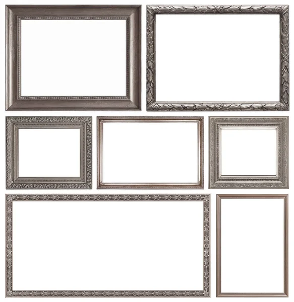 Sada Stříbrných Rámečků Pro Obrazy Zrcadla Nebo Fotografie Izolované Bílém — Stock fotografie