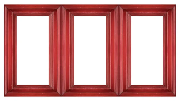 在白色背景上隔离的绘画 镜子或照片的三重红色木制框架 具有剪切路径的设计元素 — 图库照片