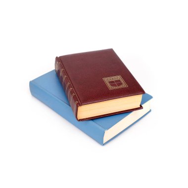 Beyaz arka planda izole edilmiş beyaz çarşaflı renkli kapaklı kitap yığını