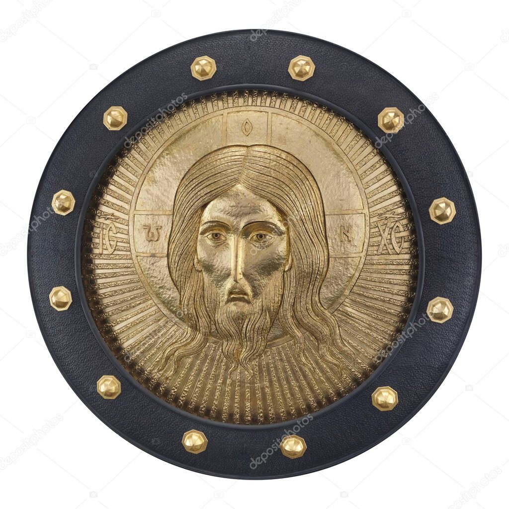 Gold icon with the face of Christ in a black frame. Russian inscription means in English 