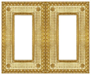 Beyaz arkaplanda izole edilmiş resimler, aynalar veya fotoğraflar için çift altın çerçeve (diptych). Kırpma yolu ile tasarım ögesi