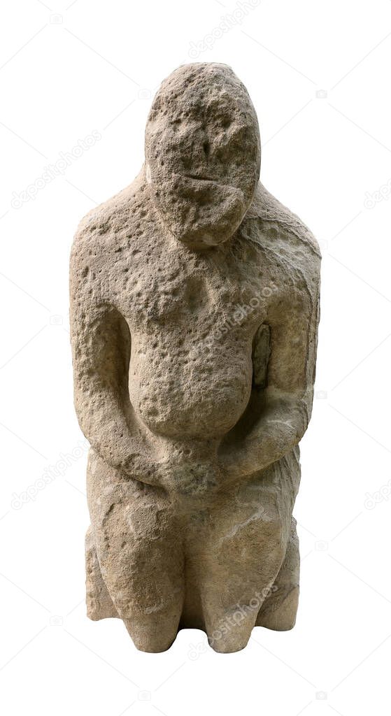 Prehistoric limestone idol isolated on white background. Design element with clipping path