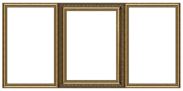 Тройная Золотая Рамка Триптих Картин Зеркал Фотографий Изолированных Белом Фоне — стоковое фото