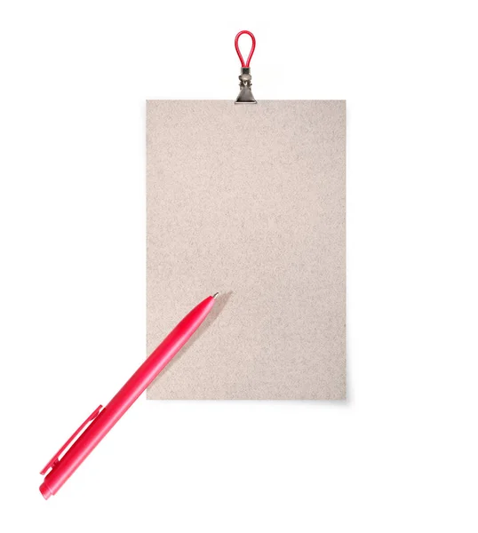 Papier Met Bindmiddelklemmen Rode Pen Geïsoleerd Een Witte Achtergrond — Stockfoto