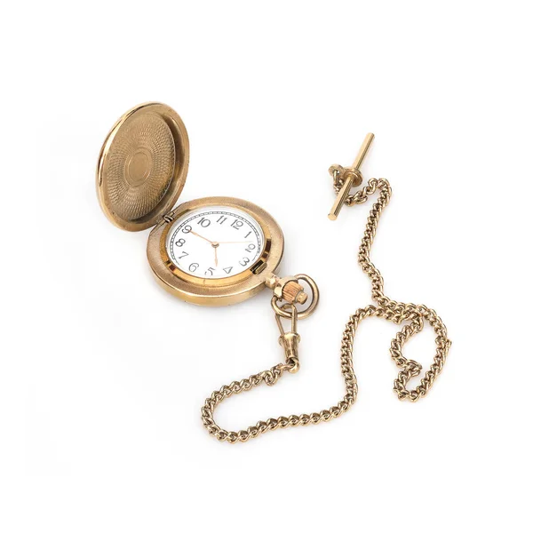 チェーン時計と黄金のポケットは白い背景に隔離された — ストック写真
