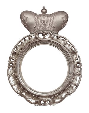 Yuvarlak gümüş çerçeve, beyaz arka planda izole edilmiş resimler, aynalar ya da fotoğraf için bir taç. Kırpma yolu ile tasarım ögesi