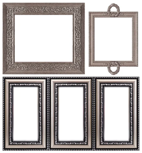 一套银框 用于在白色背景下隔离的绘画 镜子或照片 — 图库照片