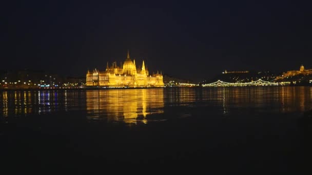 Ciudad por la noche con reflejo del horizonte en el lago, vista en el parque de la ciudad — Vídeo de stock