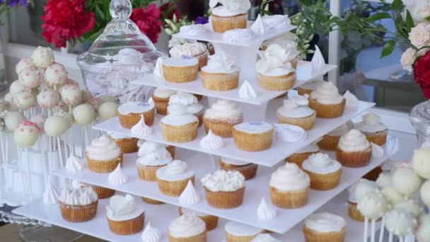 Bröllop chokladkaka, dekorerade bord med sötsaker och blommor, bröd och andra bakverk. — Stockvideo